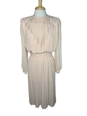 Vintage 80s Blush Pink Secretary Long Sleeve Pleated Dress Size 10 LIZ ROBERTS